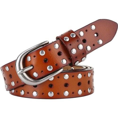 New Punk Goth Rivet Women 100% Genuine Leather Belt Woman Pin Buckle Pants Belt of All-match Vintage Cowhide Belt Female
