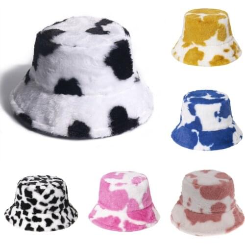 New Winter Cow Print Plush Bucket Hats For Women Tourism Outdoor Warm Hat Soft Velvet Fisherman Cap Lady Fashion Panama Present