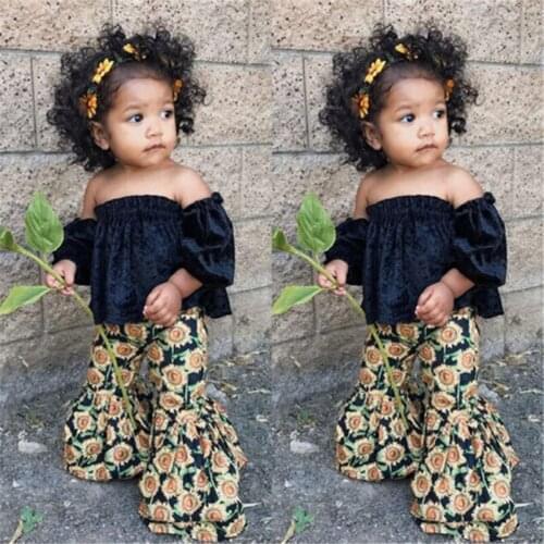 Baby Girls Clothes Short Sleeve Off-shoulder Tops+ Sunflower Printed Loose Pants Fashion Baby Girl 2 Piece Set
