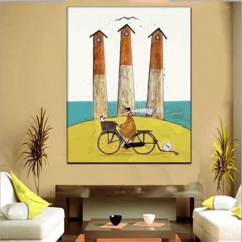 Print Minimalist Lighthouse Dog Ride a Bike Painting on Canvas Poster Modern Wall Art Picture for Living Room Sofa Cuadros Decor
