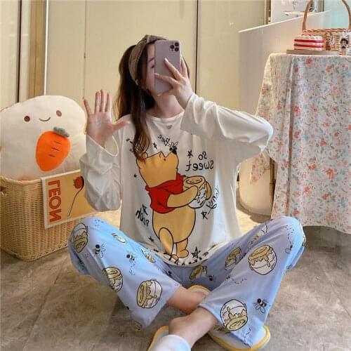 Disney Cartoon Pooh Print Girls Long-Sleeved Pajamas Hot Sale Autumn Winter Long-Sleeved Trousers Home Service Woman Pajamas Set