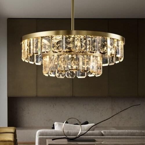 Postmodern Luxury Copper Crystal Led Chandelier For Living Dining Room Simple Luminaires Villa Hotel Hall Round Hanging Lights