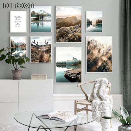 Nature Posters Misty Forest Canvas Painting Scandinavian Lake Tree Landscape Poster Print Nordic Art Wall Picture Home Decor