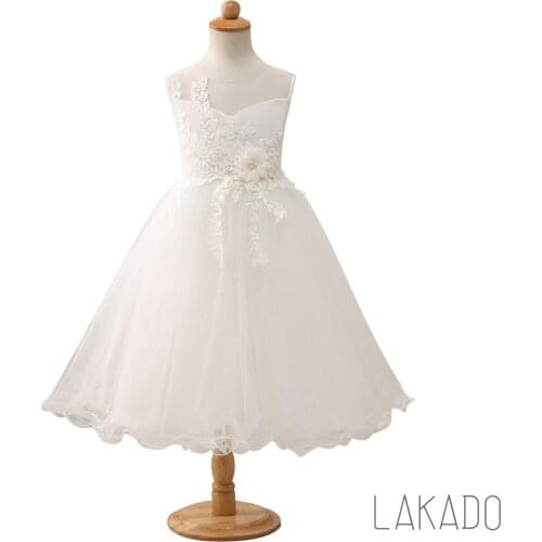 Simple Flower Girl Dress Short Kids Formal Dresses with Handmade Flowers