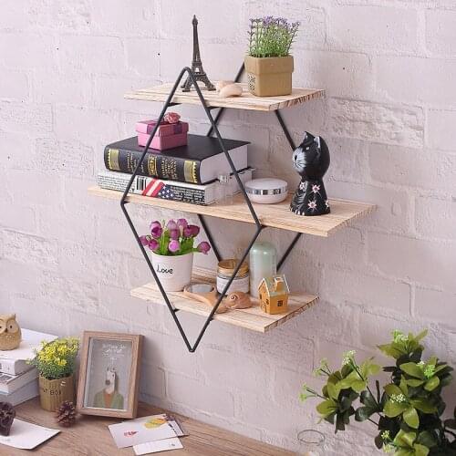 Rhombus wrought iron wooden wall bookshelf racks, retro solid wood board wall mounts, creative wall partitions