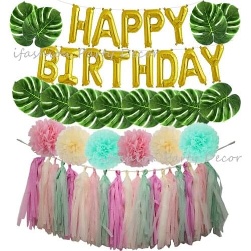 16inch Foil Happy Birthday Balloon Tropical Palm Leaves Tissue Paper Tassel Garland Paper Flowers Summer Party Decoration Supply