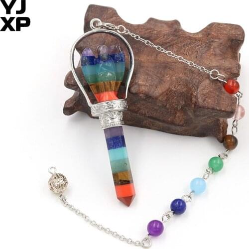 YJXP Scepter Pendulum Natural Stone 7 Chakra Reiki Healing Carved Angel Hexagonal Pillar Pendants Fashion Charms Jewelry 1 Pcs