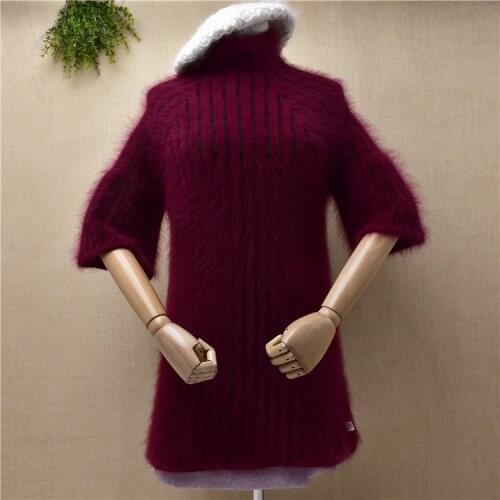 Ladies women fashion hairy plush mink cashmere knitted half sleeves turtleneck slim blouses pullover angora fur jumper sweater