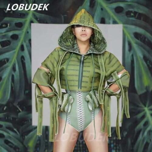 Club Party Women Cosplay Costume Army Green Bodysuit Tops 2-Pieces Set Sexy DJ Jazz Hip Hop Dance Outfit Role Performance Wears