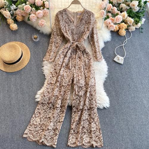 2021 New Fashion Women Sexy V-neck Lace Long Sleeve High Waist Slim Lace Up Wide Leg Jumpsuit Elegant Overalls R248