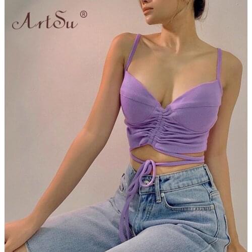 ArtSu 2021 New Women Spaghetti Straps Drawstring Casual Camis Tops V-Neck Sexy Bandage Crop Top Camisole Black Purple White