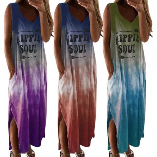 Women Boho V Neck Sleeveless Gradient Color HIPPIE SOUL Pockets Long Loose Dress
