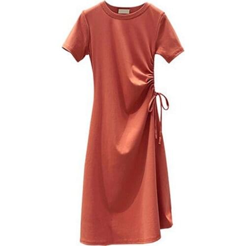 Women O Neck Short Sleeve Drawstring Midi T-Shirt Dress for Summer -MX8