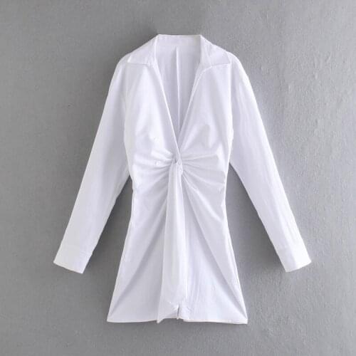 Za Fashion 2021 Women White Bow Sashes Pleated Mini Dress Long Sleeve V Neck Office Lady Dresses Female Elegant Mujer Vestidos