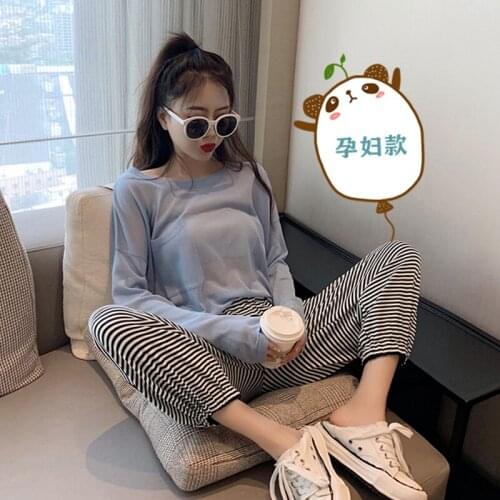 Womens Pants Loose Knitted Cotton Nine-point Pants Thin Striped Womens Pants Spring and Autumn