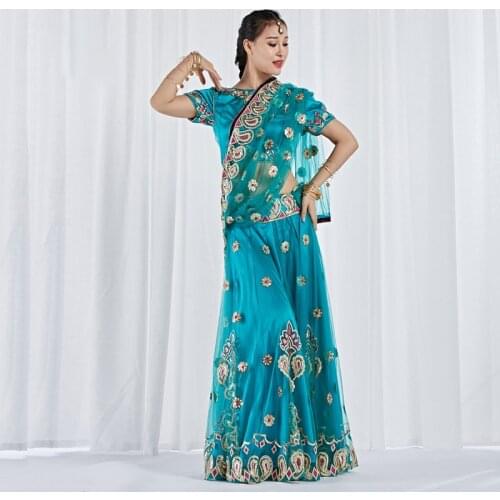 2019 Dance Wear Performance Belly Dance Dresses Indian Dance Embroidered Bollywood Costume 3pcs Set (Top, Skirt & Sari)