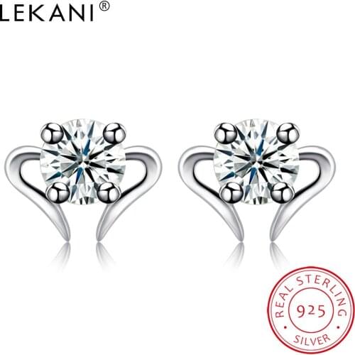 LEKANI Cute Heart Earrings For Women Genuine 925 Sterling Silver Clear Round 5A Cubic Zirconia Stud Earring Fine Jewelry