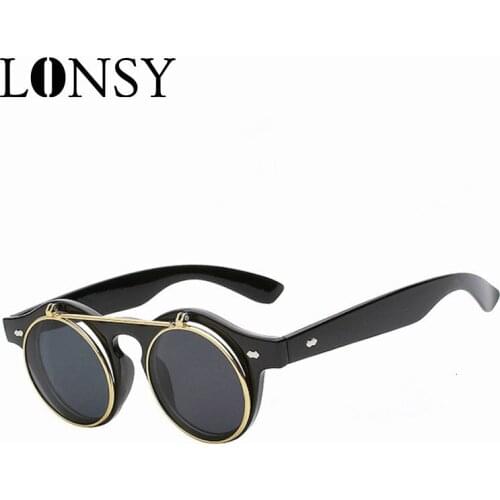 LONSY Vintage Steampunk Flip Sunglasses Women Men Brand Designer Unisex Retro Round Metal Steam Punk Sun Glasses UV400