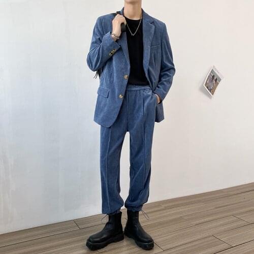 2021 Autumn Winter Men Thick Suit Jacket with Trousers Corduroy Men Sets Elastic Waist Pant Solid Casual Blazer Black Khaki Blue