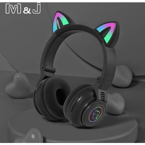 M&J Cat Ear Headphones LED Glowing Bluetooth 5.0 Noise Cancelling Adults Kids Headset Support TF Card FM Radio With Mic Gift