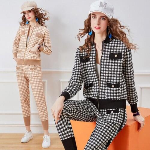 England Style Autumn Houndstooth Knitted Tracksuit 2 Piece Suits Women Zipper Cardigan Pencil Pants Two Piece Set Sports Outfits