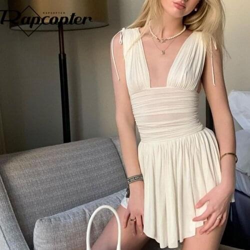 Rapcopter Ruched Pleated Mini Dress Deep V- Neck Sexy Short Dress y2k Vintage Backless Sundress Summer Beach Evening Boho Female