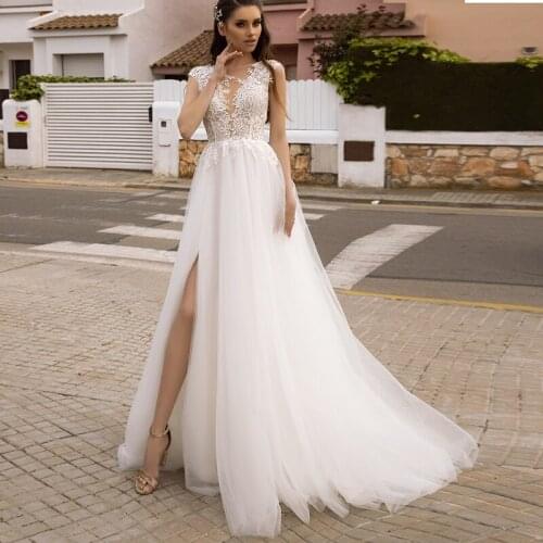 Luxury Front Slit Beach Wedding Dresses 2021 Scoop A Line Applique Tulle Bridal Gowns Free Shipping Robe De Mariee