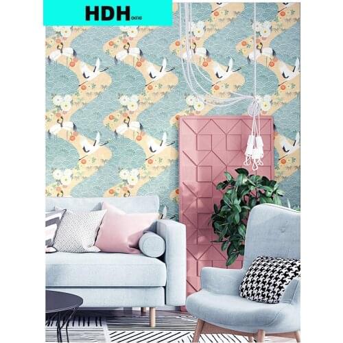 Animal Peel and Stick Wallpaper Removable Handpainting Daisy Crane Blue Waves Self-Adhesive Prepasted Wallpaper Waterproof