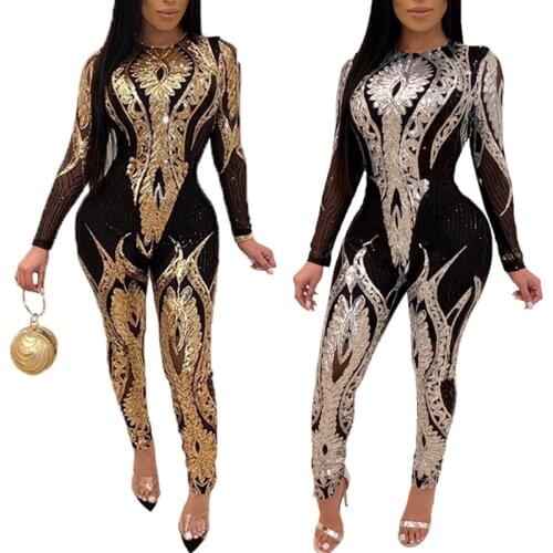 Sexy Sequin Long Sleeve Jumpsuit Casual Bodycon Womens Evening Cocktail Clubwear