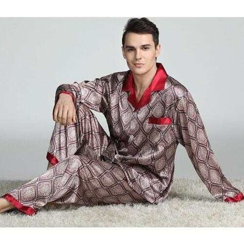 Silk Pijama Men Spring Autumn Pajamas Set Satin Lounge Pants Long Sleeve Shirt Printed Sleepwear Male Night Wear