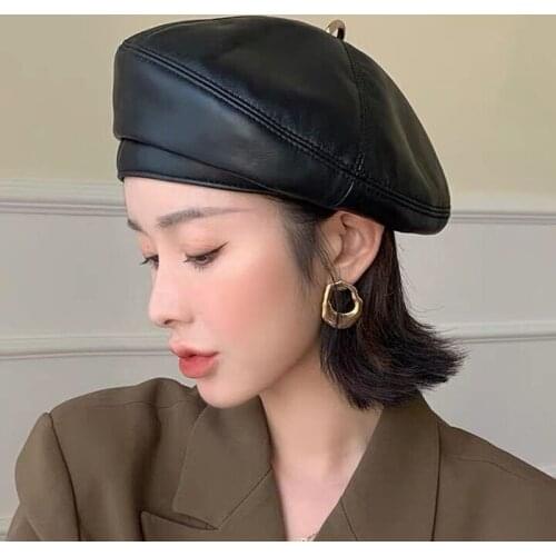 Spring/Winter 100% Real Leather Beret Hat Women Fashion European Pumpkin Painter Caps Female Rainbow Color White/Red Thin Boina