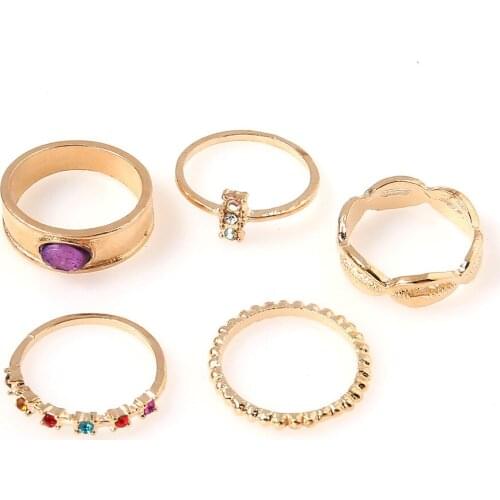 Vintage Summer 5Pcs/Set Colorful Crystal Gem Metalic Fashion Finger Rings Korea Hit Rings for Women Girl Party