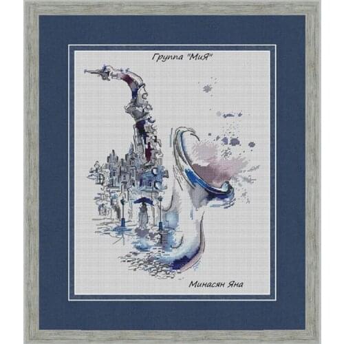 Popular Embroidery Blue Saxophone Silhouette Cross Stitch Patterns Kits with 100% Cotton Floss & Free Shipping for Home Decor