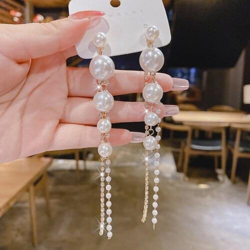2021 New Arrival Trendy Simulated-pearl Long Tassel Dangle Earrings For Women Fashion Crystal Water Drop Jewelry Gifts
