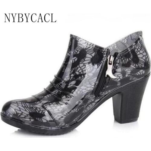 2021 Pleated Women Rubber Boots Thick Heel Ankle Rain Boots Spring Autumn Waterproof Woman Shoes Size 40