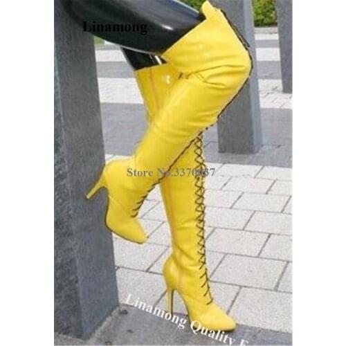 Women Sexy Pointed Toe Patent Yellow Leather Over Knee Stiletto Heel Boots Lace-up Long High Heel Boots Customize Colors Boots
