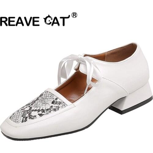REAVE CAT New 2021 Women Flat Shoes Square Toe Lace-Up Snake-Skin Sexy Stylish Comfy Soft Big Size 32-46 Casual A3716