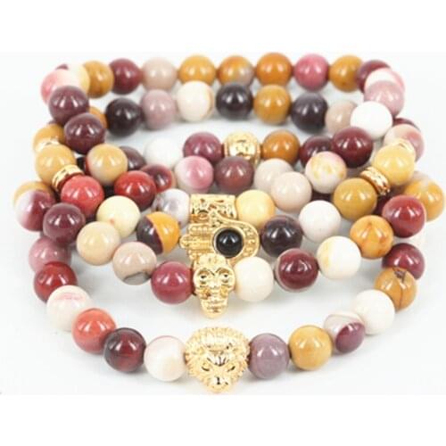 1Lot Charm Yoga Beaded Men Stone Bracelet Natural 8mm Colorful Gem Stone Beads Skull Head Bracelet