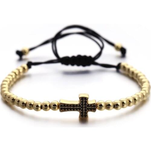 2020 Fashion New Cross Men Bracelet Adjustable Braided Macrame 4mm Gold Color Bead Bracelet For Men Jewelry Gift Pulsera Hombre
