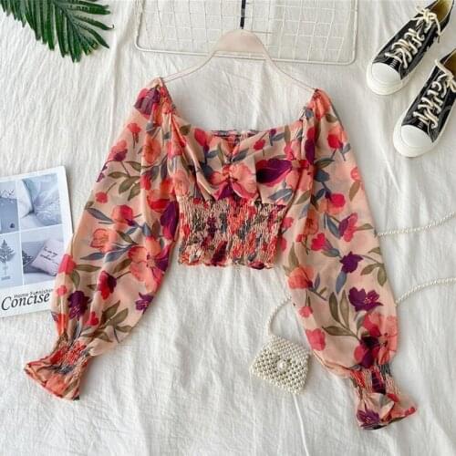 2021Fashion Summer Clothing Floral Print Short Long sleeve Chiffon Shirt Elegant Square collar Ruffle Women Blouses Blusas Mujer