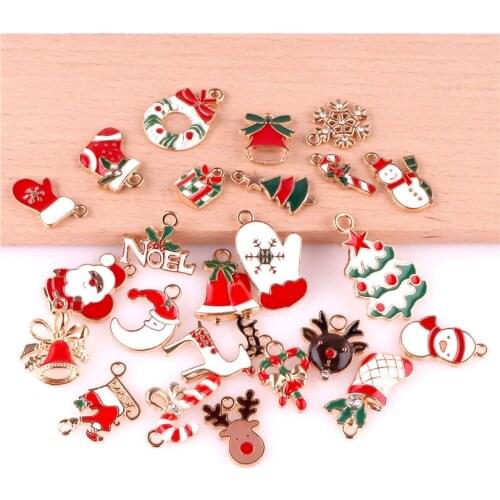 24Style Metal Enamel Christmas Pendants Charm New Year Series Ornaments for Bracelet Earring Jewelry Making Xmas Tree Decoration