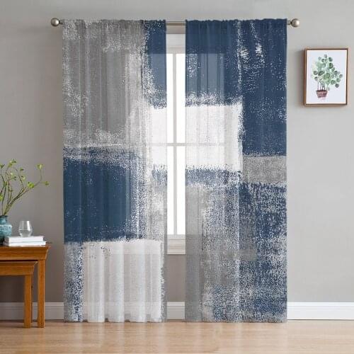Oil Painting Abstract Geometric Tulle Curtains for Living Room Decoration Modern Chiffon Sheer Voile Kitchen Curtain