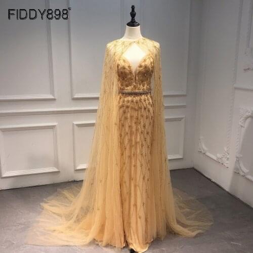 Dubai Evening Dress Long Luxury 2020 Crystal Beaded Gold Formal Gowns With Floor Cape Arab Women Party Wear ASA-0103