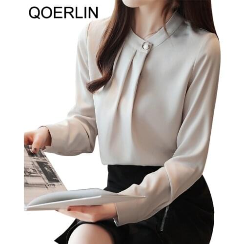 Elegant OL Workwear Blouse Shirt Women Plain Korean Long Sleeve Satin Top Female 2020 New Autumn White Chiffon Shirt Plus Size