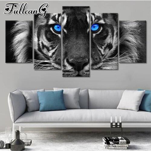 FULLCANG Black white Tiger Blue Eyes 5 piece diy diamond painting full square/round drill 5d mosaic embroidery animals FC2496