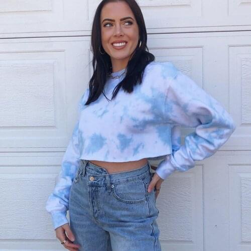 Womens Die-dyed Print Blue Hoodies Sexy Short Cropped Fashion Loose Autumn Long Sleeves Round Neck Streetwear Pullover Tops New