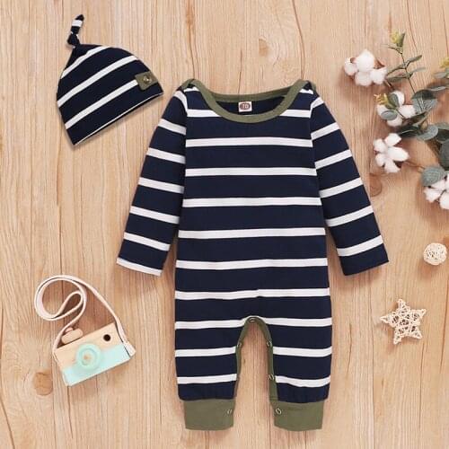Baby Boys Stripe Print Long Sleeve One-Piece Romper Jumpsuit Pajamas Hat Set