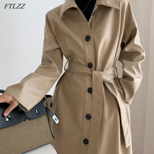 FTLZZ Spring Women PU Leather Long Jacket Single Breasted Windbreaker Trench Coat Slim Split Long Sleeve Solid Jacket with Belt