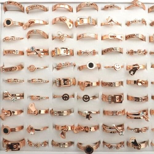 Cute Mix Shaped Rose Gold Color Rings Enamel Crystal Rings For Office Lady 50pcs/lot