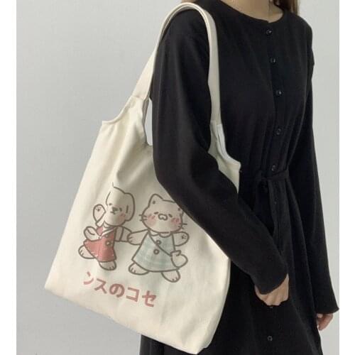 Cute kitten Women Canvas Shoulder Bags Cartoon Tote Bags Cotton Cloth Shopping Reusable Foldable Shopper Bag for 2020 Handbag
